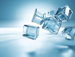 Poster - Floating transparent ice cubes against a soft blue gradient background evoking coolness and freshness. Ideal for representing chilling or refreshment with clean lighting.
