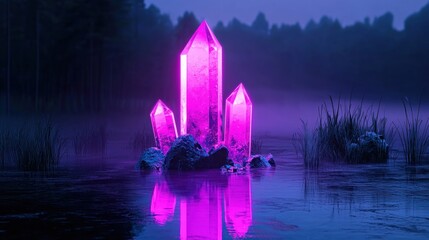 Aufkleber - Glowing pink crystals in the water with forest background trees