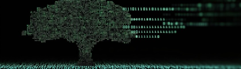 Poster - Binary code constructs a digital tree shape with dark background