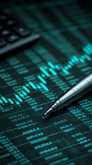 Poster - Close-up of pen on financial chart, showcasing teal data graphs and numbers, representing business analytics and market trends, ideal for financial concepts