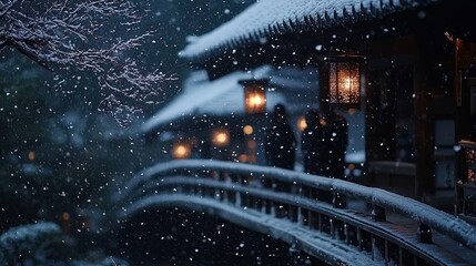 Poster - A snowy bridge leads towards illuminated structures and lanterns
