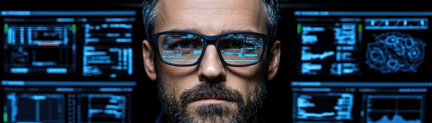 Poster - A man wearing glasses looking at computer data screens