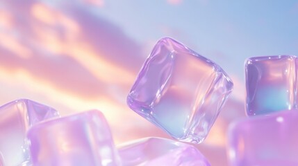 Poster - Close-up view of translucent ice cubes with soft pastel colors against a blurred background evoking a dreamy, ethereal atmosphere. Focus on light refraction and the cube's textures.