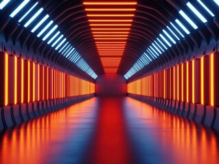 Poster - Futuristic corridor with vibrant neon lighting and reflective floors in modern architectural design