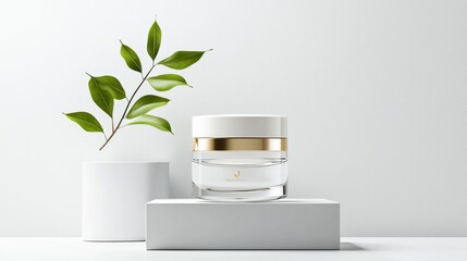 Poster - Cosmetics cream jar displayed with a fresh green botanical leaf