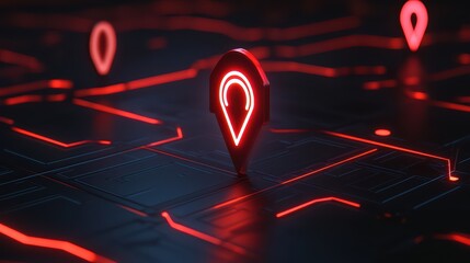 Poster - Red Neon Map Pins on Dark Surface Representing Location Tracking and Digital Navigation Technology