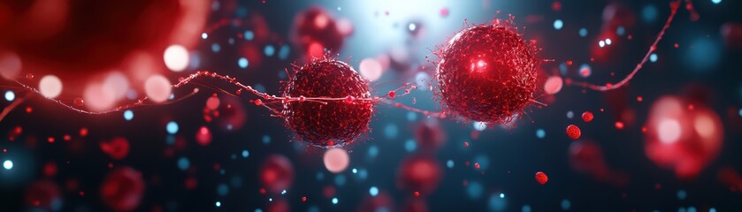 Poster - Stunning Abstract Representation of Microbial Activity with Red and Blue Color Palette in a Digital Format