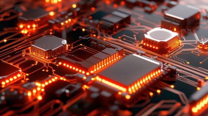 Poster - Close-Up View of Circuit Board with Glowing Components in a Dark Environment Showcasing Technology and Innovation