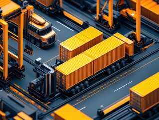 Poster - Detailed Aerial View of Modern Freight Transport with Bright Orange Containers and Industrial Machinery in Operation