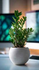 Poster - Zanzibar gem plant in a white textured pot, sitting on a desk near blurred computer screens, showcasing a minimalist home office aesthetic, symbolizing peace and productivity