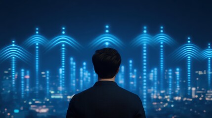 Poster - man standing in front of cityscape with futuristic signal waves and blue light illumination at night