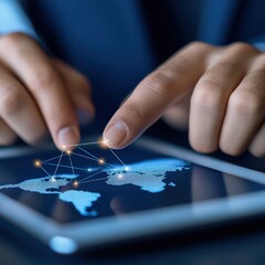 Poster - Hands Using Tablet to Display Global Network Connections Across World Map with Digital Nodes and Lines