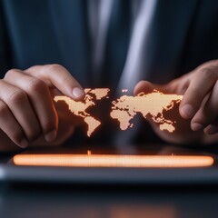 Poster - Hands Interacting with Digital World Map on Tablet Screen in Modern Business Environment