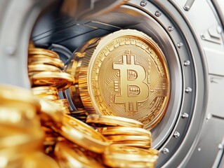 Poster - Gold Bitcoin Coins Stacked Inside a High-Security Safe Symbolizing Wealth and Digital Currency Investment