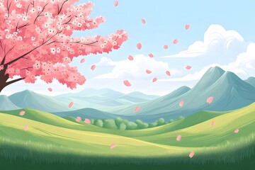 Poster - 緑豊かな丘と山の景色の背景に咲く桜とピンクの花びらと青空のピクセルアートスタイルのイラスト 春の日本の風景をイメージ