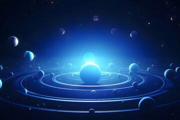 Aufkleber - 輝く青色の球体と軌道を持つ抽象的なデジタルスペースシーン テクノロジーと未来のコンセプト
