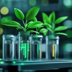 Poster - Green Plants in Test Tubes with Neon Light Effects for Science and Innovation Themes