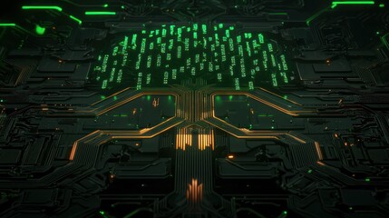 Poster - A futuristic digital circuit board glows with green and orange lights