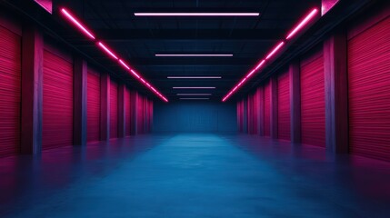 Poster - Futuristic Warehouse Interior with Neon Lighting and Empty Space for Creative Design and Photography Projects