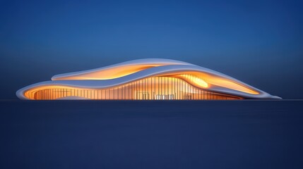 Poster - Modern architectural masterpiece with flowing lines and illuminated facade at twilight against a clear sky