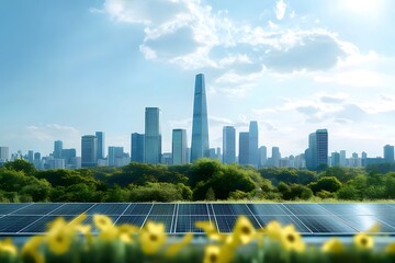Aufkleber - 明るい青空の下の太陽光パネルと緑豊かな都市景観の高層ビル群 未来的なエネルギー 都市景観と環境保護への取り組みを示す