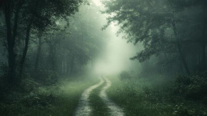 Poster - A winding dirt road through dense forest foliage