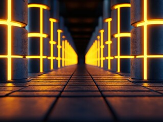 Poster - Futuristic Corridor with Glowing Vertical Columns and Textured Floor in an Abandoned Space Environment