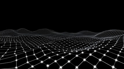 Poster - abstract futuristic landscape with grid structure and dots on black background in digital style