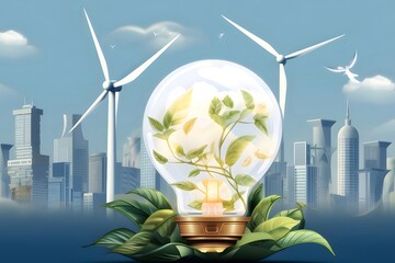 Aufkleber - 電球の中の花と風力タービンが付いた青い都市の風景のイラストは持続可能なエネルギーの概念を表現しています