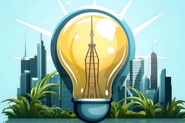 Poster - 水色の背景に電球の中の塔と都市景観 高層ビルと緑の植物が調和したピクセルアートスタイルによる斬新なアイデア表現
