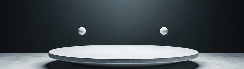 Poster - minimalist floating objects on circular platform in a darkened studio environment with soft lighting