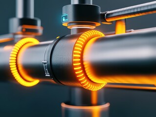Poster - Advanced Industrial Pipe System with Neon Orange Lighting and Modern Technology Elements