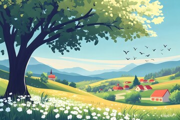 Poster - 緑豊かな風景の中のピクセルアートの村 日当たりの良い空の下の山の背景に花が咲き 鳥が飛び交う 大きな木が前景に立っている 田園風景