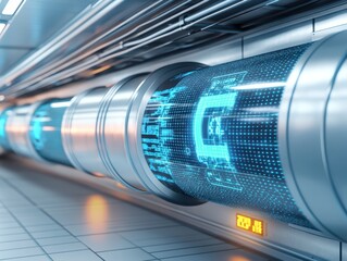 Poster - Futuristic Technology Tube Displaying Digital Data in an Advanced Sci-Fi Environment with Blue Light Illumination