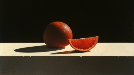 Poster - A ripe grapefruit and its slice resting on a surface