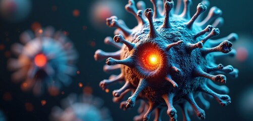 Poster - Illustration of virus cell. Blue, orange colors, red flame inside. Microscopic details, conceptual design. Infection, disease, pandemic theme. Science, biology, medicine visuals. COVID-19,