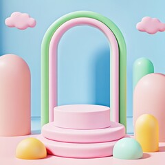 Poster - Colorful geometric shapes and pastel clouds create a whimsical abstract scene for contemporary design projects