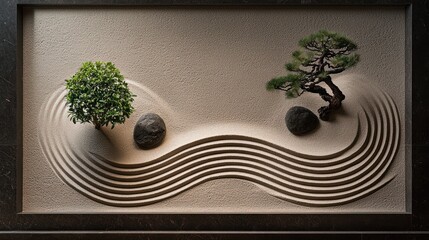 Poster - A decorative zen garden with small trees and layered sand design