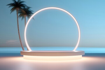 Aufkleber - ネオンライトリング付きの現代的な舞台とヤシの木の背景に青い空の夕暮れ