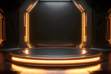 Poster - オレンジ色の照明と光沢のある床を備えた未来的な金属製プラットフォームの背景スペース