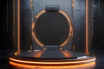 Poster - ネオンライトが光る円形ステージと未来的な暗い金属パネル背景の3Dレンダリング