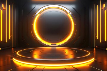 Poster - オレンジ色のネオンライトに照らされた未来的なリング状のステージと幾何学的な背景