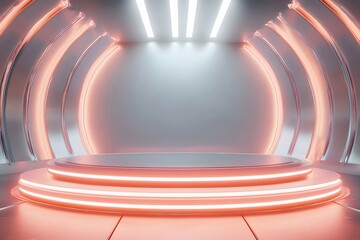 Poster - オレンジ色のネオンアクセントを備えたミニマリストの白いステージ背景 未来的な円形構造と白い背景にモダンな照明を備えた3Dレンダリング