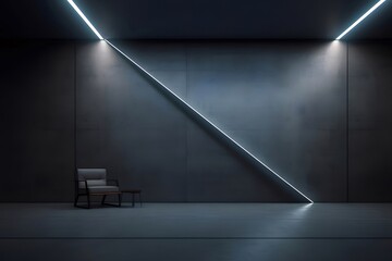 Aufkleber - 白いライトが特徴的なミニマルなコンクリートの部屋の椅子とテーブル グレーの色調でモダンな建築デザインを紹介