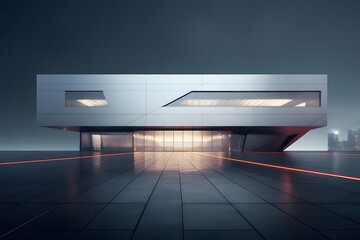 Aufkleber - 未来的な白い建物 現代的な建築デザイン 夜の都市景観 反射と幾何学的なパターン