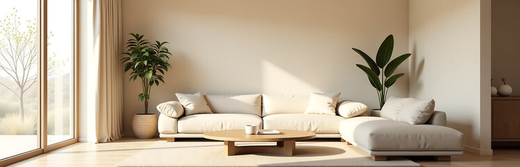 Leinwandbilder - generative ai system creates minimalist living room design focus warmth simplicity wabi sabi style