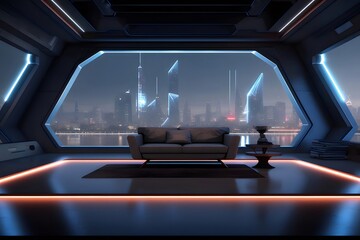 Poster - 未来的なインテリアの眺め青色の都市景観と洗練された装飾が施されたグレーのソファと光るオレンジ色のトリムを持つモダンな居住空間