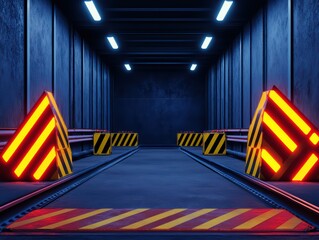 Poster - Futuristic Industrial Warehouse with Vibrant Warning Barriers and Dark Ambient Lighting for Creative Projects
