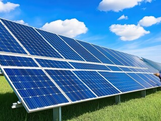 solar panel installation in green field under bright sunny sky with fluffy clouds and clear blue bac