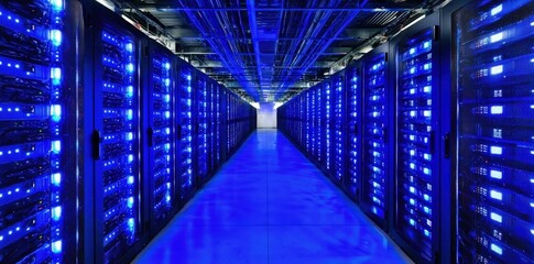 Poster - Close-up view of server hardware glowing blue with LEDs, ideal for showcasing cloud storage, IT architecture, or tech system concepts